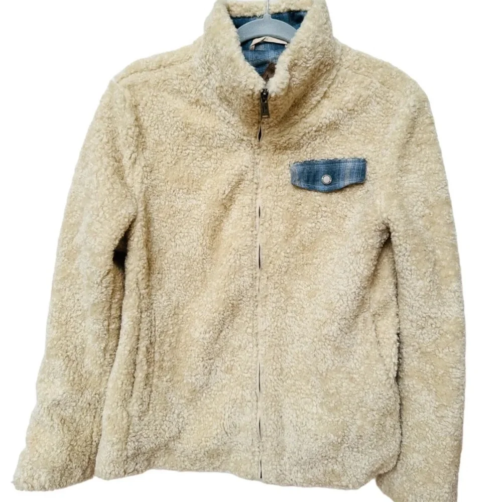 Pendleton Ladies Fuzzy Full Zip Plaid Accent Lined Cozy Jacket Sz L Beige - Picture 2 of 7